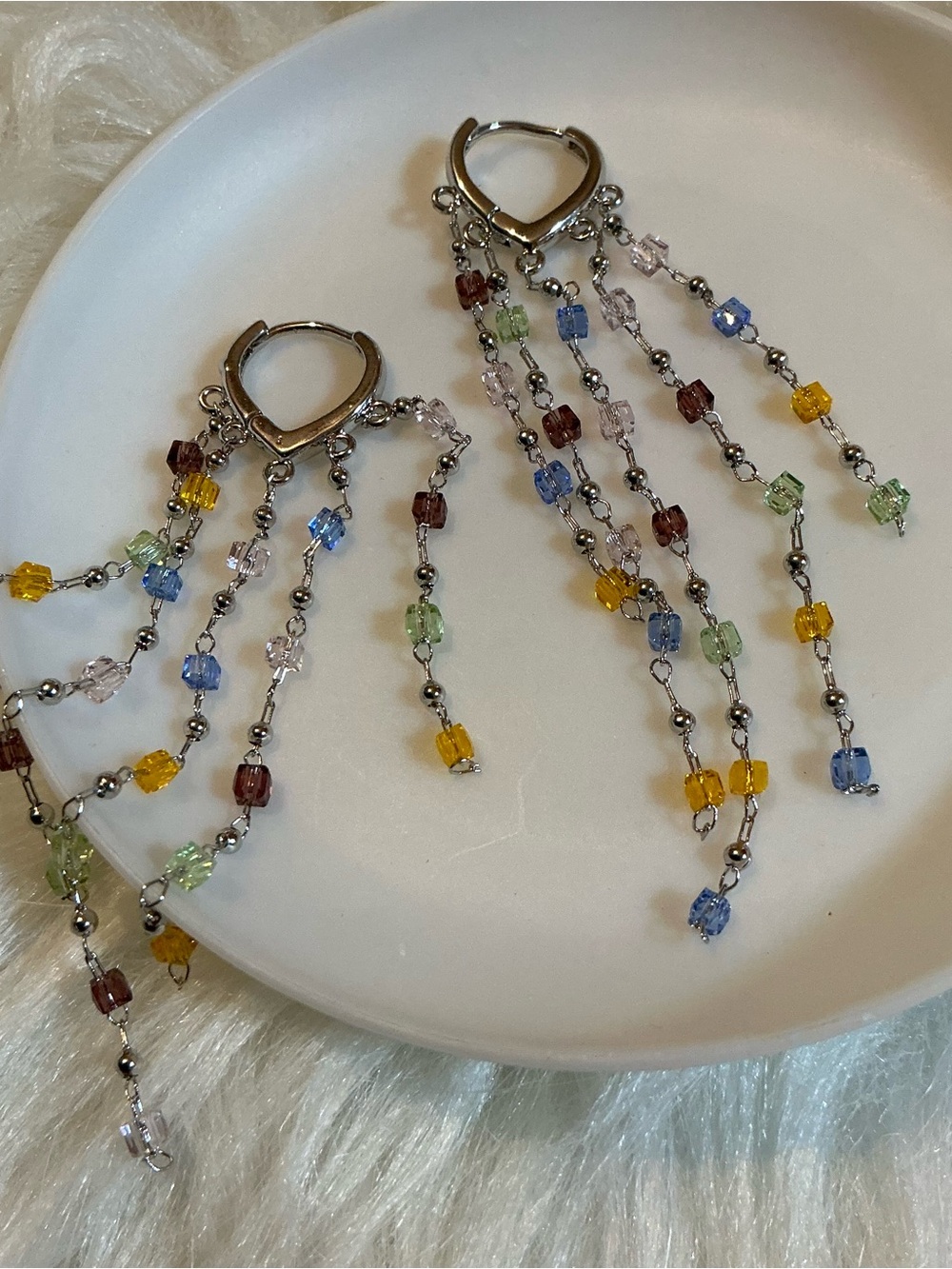 Colorful Tiny Bead Dangle Earrings with Small Silver-tone Hoops